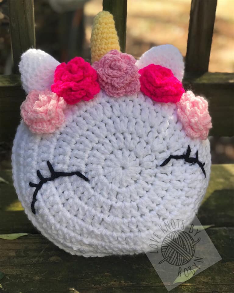 Crochet Unicorn Pillow, decorative pillow, kids pillow, nursery, unicorn