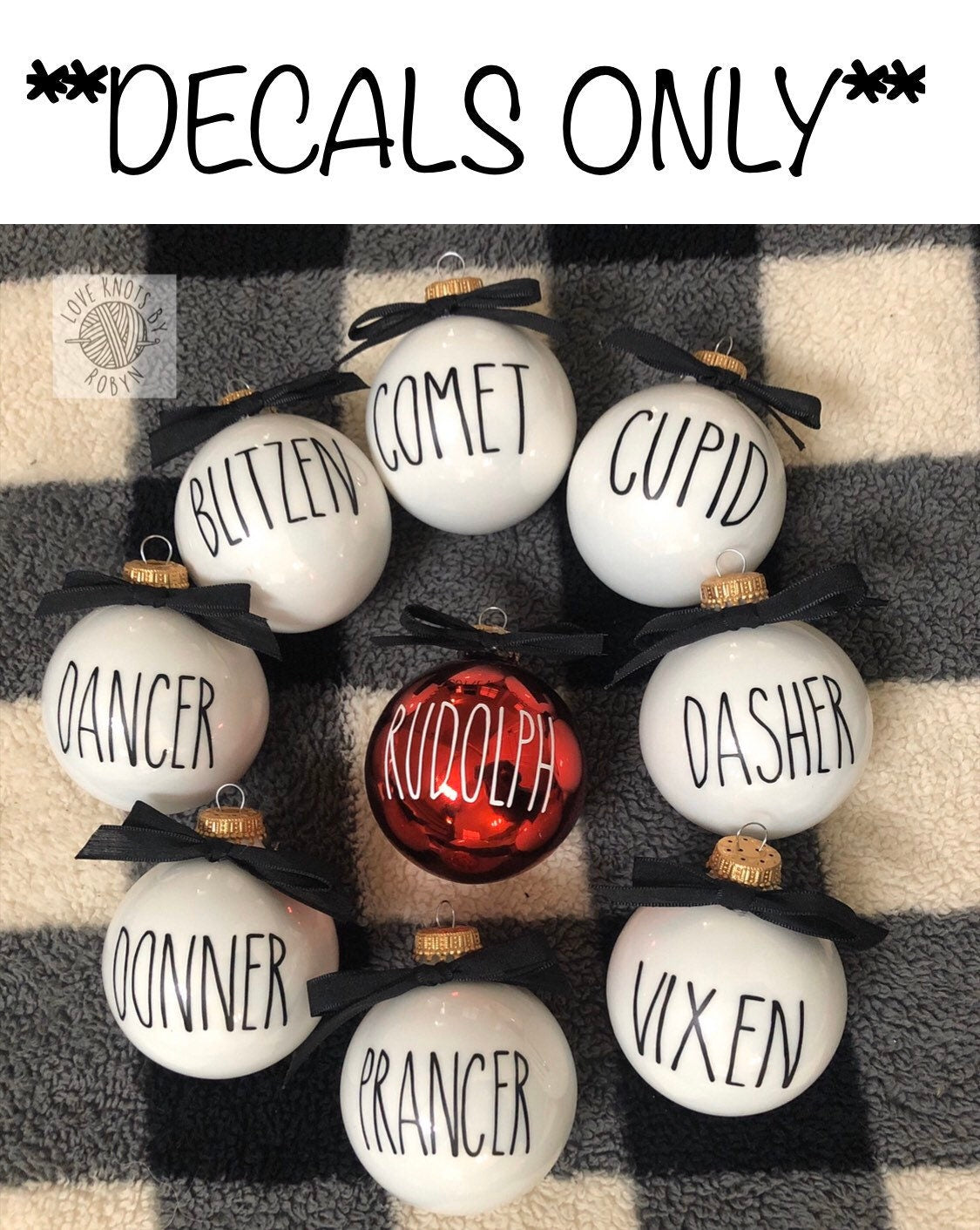 Rae Dunn Inspired Ornaments DECALS / Reindeer Ornament DECALS (SET of 9)