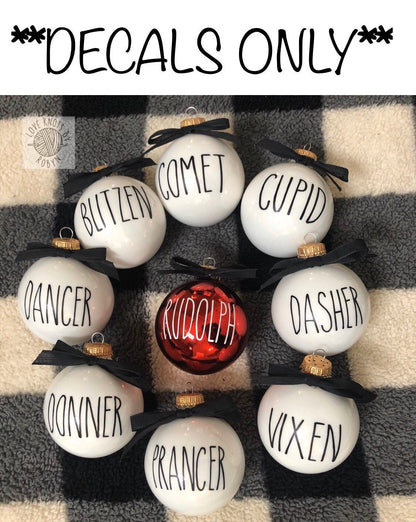 Rae Dunn Inspired Ornaments DECALS / Reindeer Ornament DECALS (SET of 9)