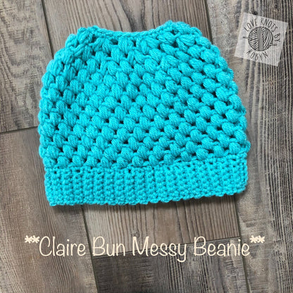 Claire Bun Beanie / Crochet Messy Bun Beanie