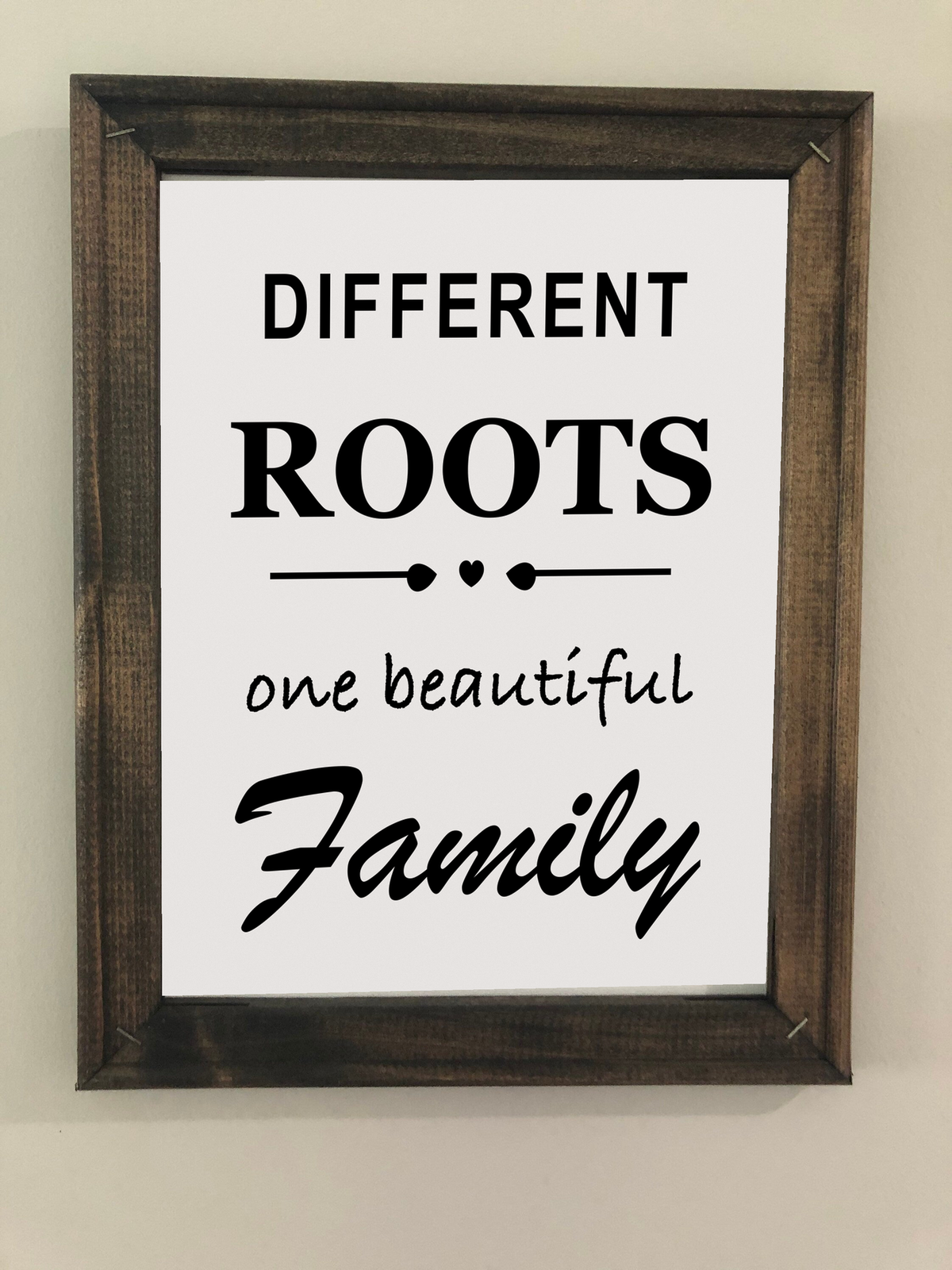 Different Roots One Beautiful Family framed canvas sign displayed on a neutral wall