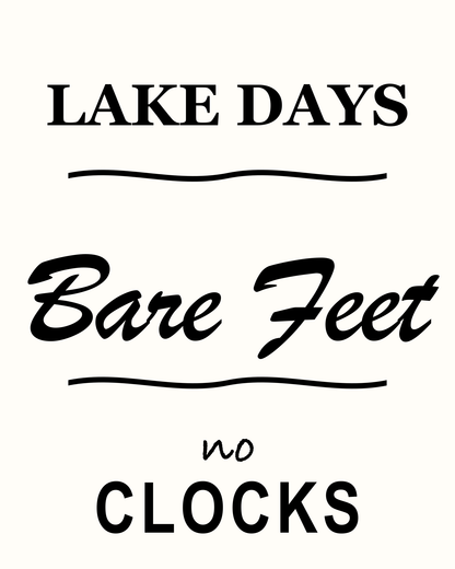 Black Lake Days Bare Feet No Clocks cutter design with wave accents on an off-white background
